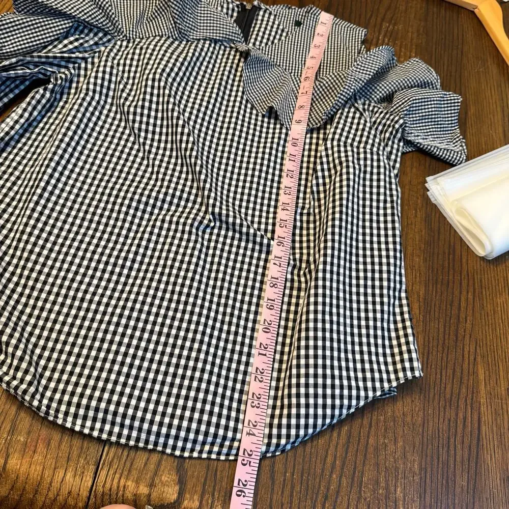 Lauren Ralph Lauren Black & White Gingham Ruffle Cold-Shoulder Blouse - Size L - Picture 9 of 11